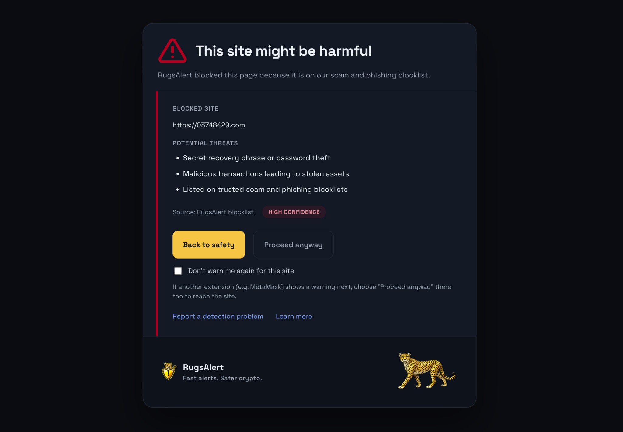 RugsAlert warning page showing blocked site 03748429.com